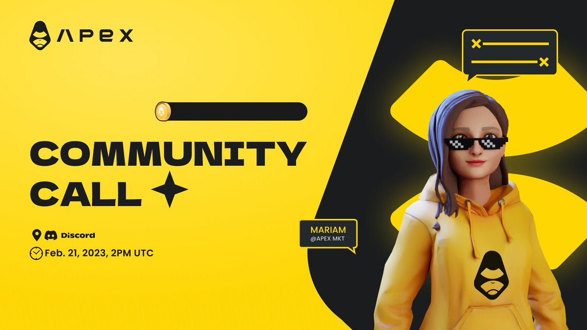 OfficialApeXdex's tweet photo. ✨Join our Community Call now as Mariam discusses product updates and answers all your questions about #ApeXPro.
⏰Feb. 21, 2023, 2PM UTC
📍RSVP: https://t.co/iLgocdnTeS
#apexcalling #crypto #ApeXdex https://t.co/WDURmvUjCt