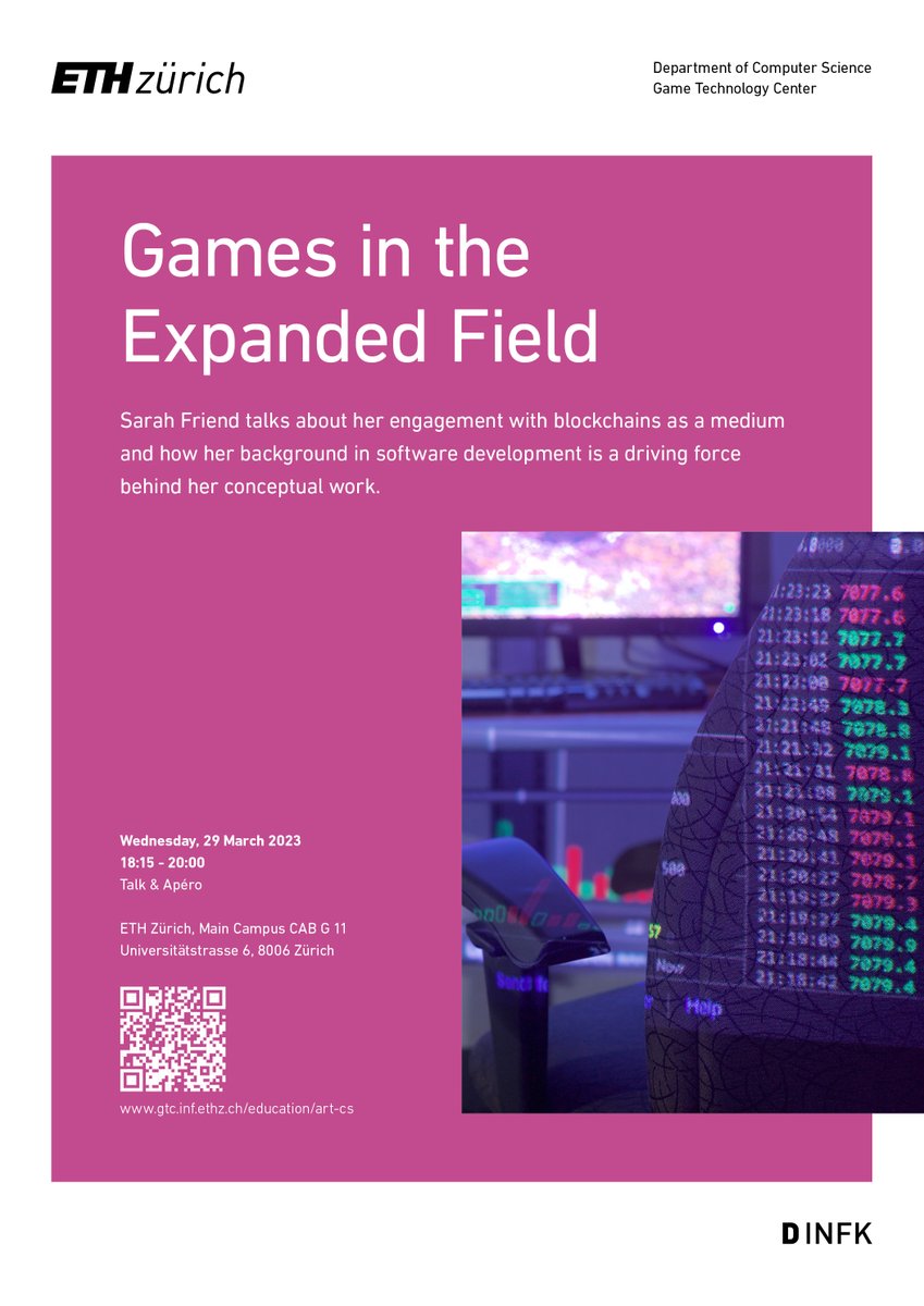 ETH Game Tech Center (@ethgtc) on Twitter photo ❗️New semester, new "Art & Computer Science" talk! On Mar 29 at 18:15, <a href="/isthisanart_/">Sarah Friend</a> will talk about engaging with blockchains and how her software development background drives her conceptual work.
Open to the public, join us!🐙 Art&CS curators: <a href="/annaflurin/">anna flurina</a> <a href="/cryptovalleygrl/">Julia Schicker</a>👏 ❗️New semester, new "Art & Computer Science" talk! On Mar 29 at 18:15, <a href="/isthisanart_/">Sarah Friend</a> will talk about engaging with blockchains and how her software development background drives her conceptual work.
Open to the public, join us!🐙 Art&CS curators: <a href="/annaflurin/">anna flurina</a> <a href="/cryptovalleygrl/">Julia Schicker</a>👏