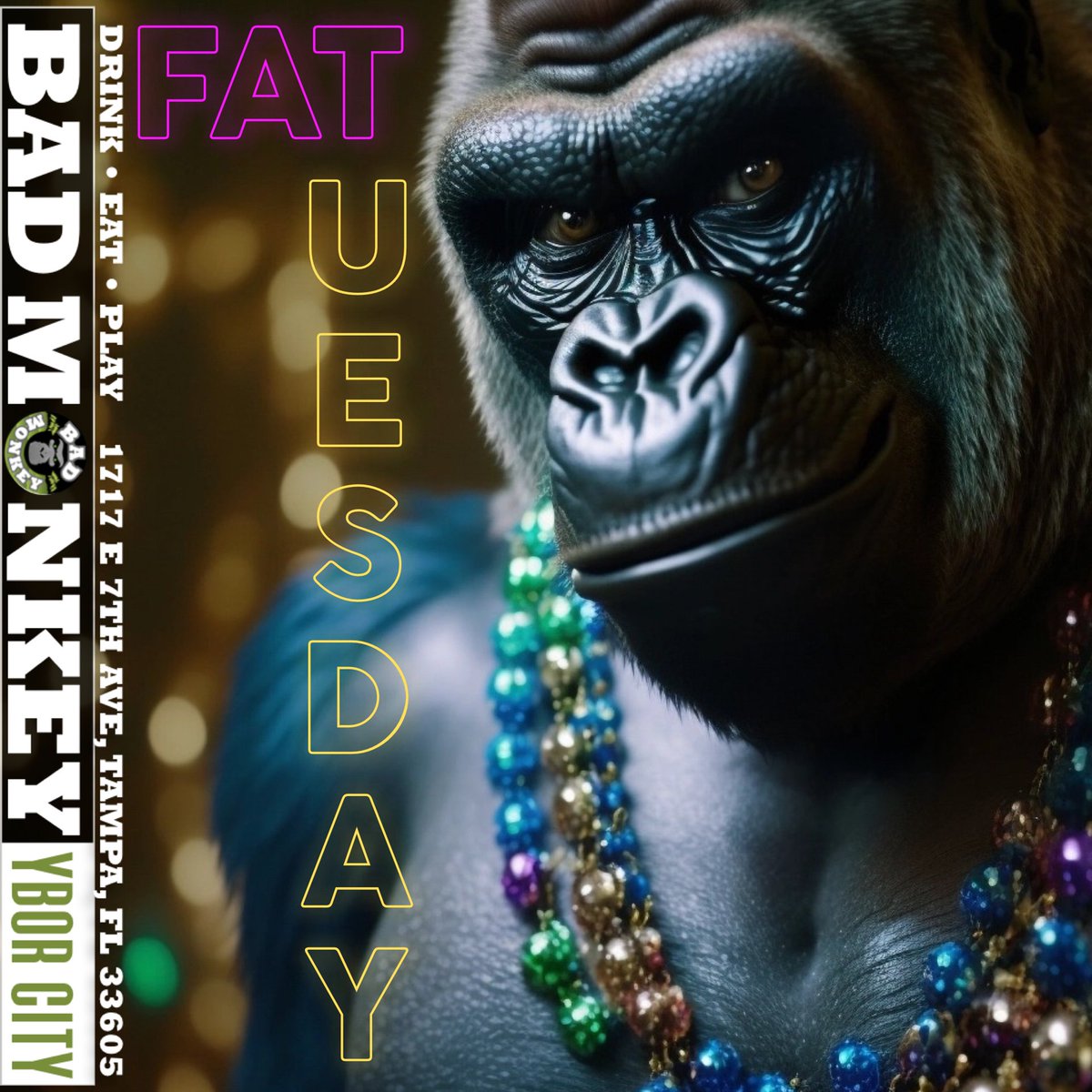 BadMonkeyYbor's tweet photo. It's Fat Tuesday at Bad Monkey! Camouflage meets beads, as we celebrate Mardi Gras in style. With mouthwatering food and potent cocktails, you'll be more than ready to let loose and party. Don't miss out on the fun! 🎉🍹 #FatTuesday #BadMonkeyYbor https://t.co/x8iQjFpPvo