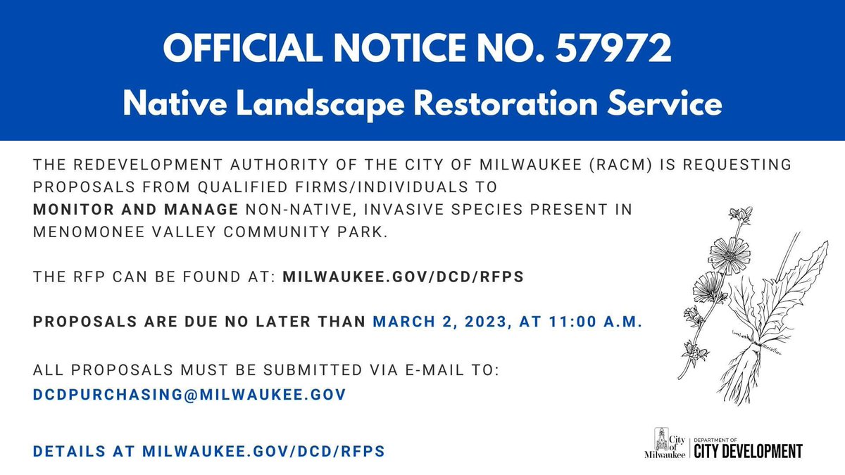 MilwaukeeDCD's tweet photo. [RFP NOTICE] RACM seeks proposals from qualified firms/individuals to Monitor and Manage non-native, invasive species present in #Menomonee Valley Community Park. 

Details: https://t.co/WHxMkYtD6U

Deadline is March 2‼️ https://t.co/k9xJEEOw07