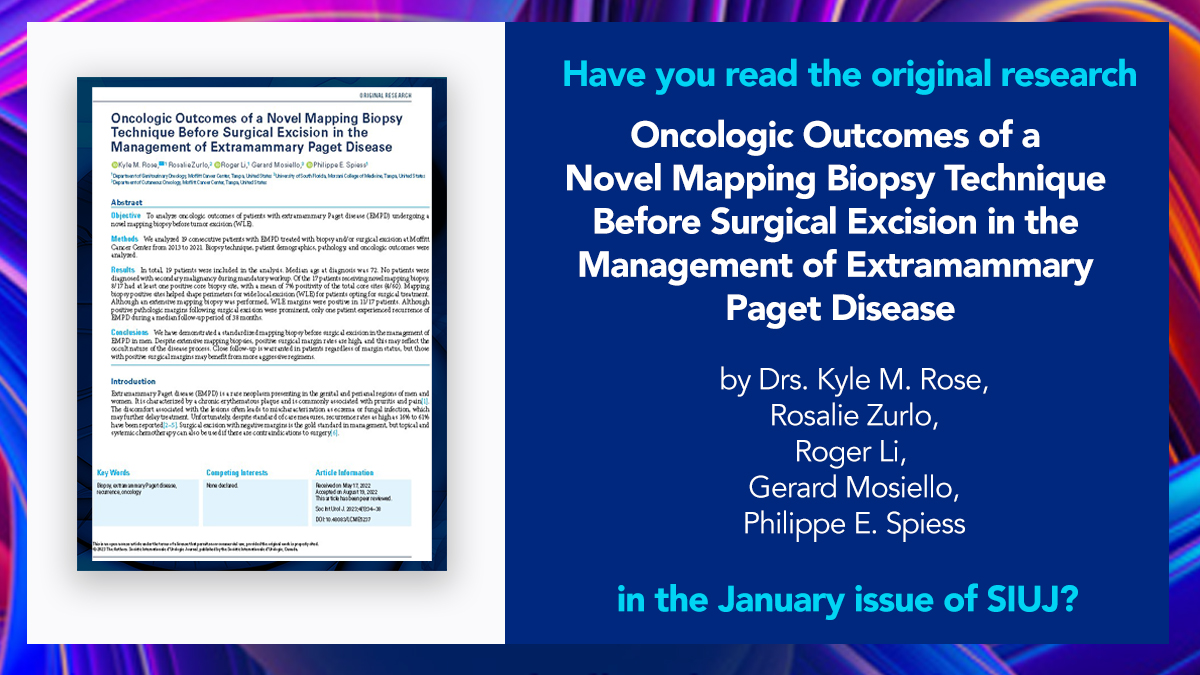 What are the oncological outcomes for patients with EMPD undergoing novel mapping biopsy before WLE? 8 yrs of analysis presented in this original research in the January issue of #SIUJ. Article: bit.ly/40wceDR Edition:bit.ly/3kfexdV #OpenAccess #Journal