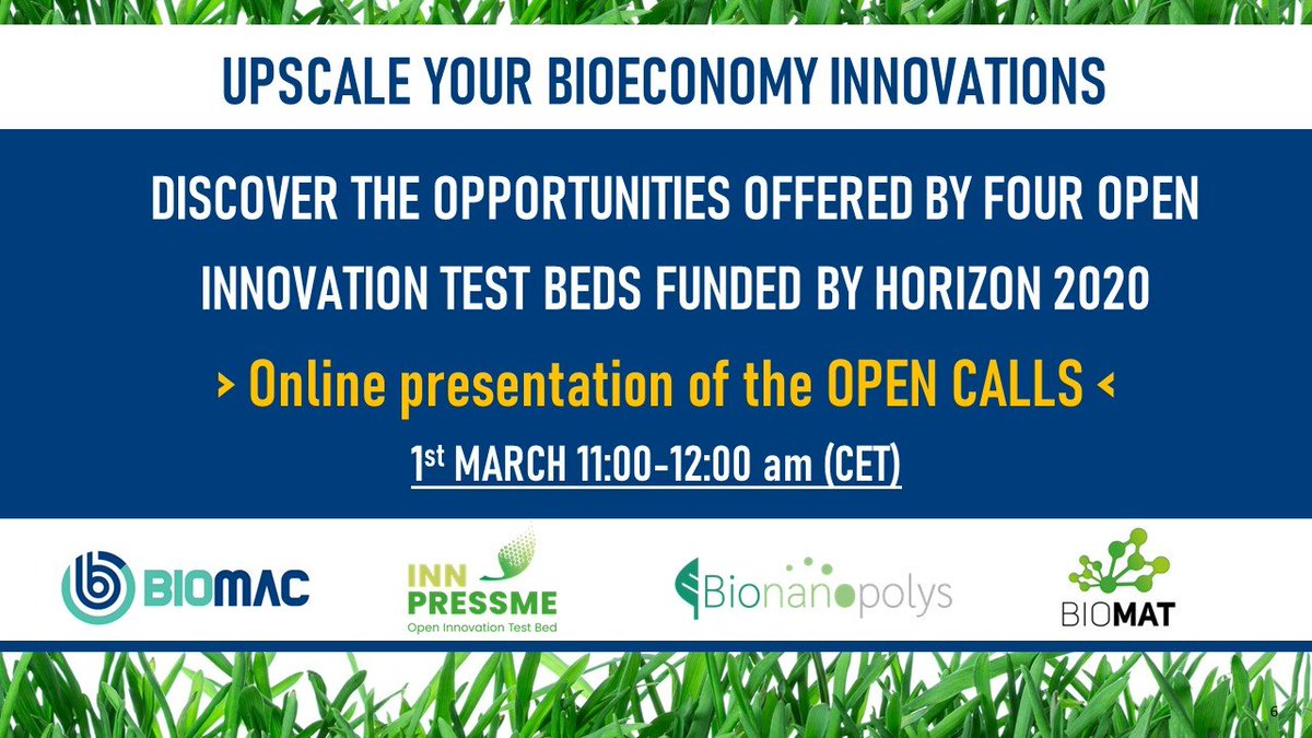 inn_pressme's tweet photo. ❗ #Upscale your #bioeconomy #innovations for becoming more sustainable! On 01 March,  4⃣ #OpenInnovationTestBeds present for testing their #pilotlines &amp; how to apply for their #OpenCalls.
More 👉 https://t.co/aCX1Ms2lTf

#Biomaterials #Nanomaterials #OITB #OpenCall https://t.co/wBhbQ0l9sz