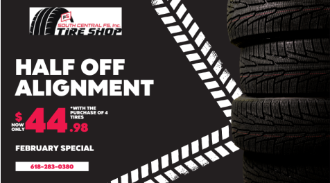One week left to take advantage of the Tire Shop's February special!  

Half off alignment when purchasing a full set.  We always offer free rotation for the life of the tire when purchasing a set.

Call today to set up an appointment!  618-283-0380