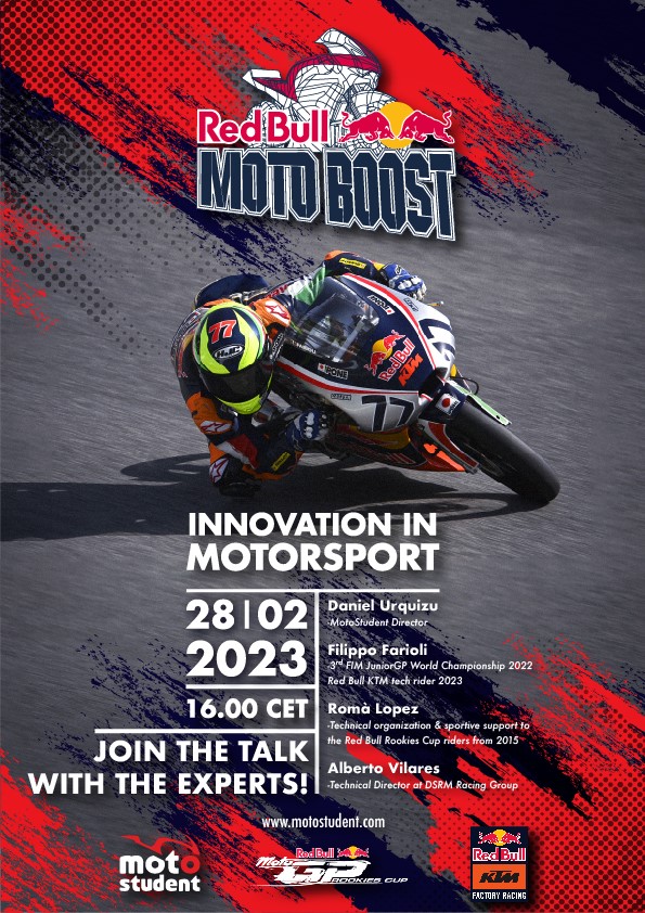 MotoStudent's tweet photo. #RedBullMotoBoost Lectures are back!
Let’s talk about Innovation in Motorsport.

The union between @redbull and #MotoStudent continues in this VII Edition and brings Official Teams the opportunity of e-Learning from the best.

🗓️February 28th
⌚️16:00 CET
🌐MotoStudent Platform https://t.co/cLuhxgVZ9w