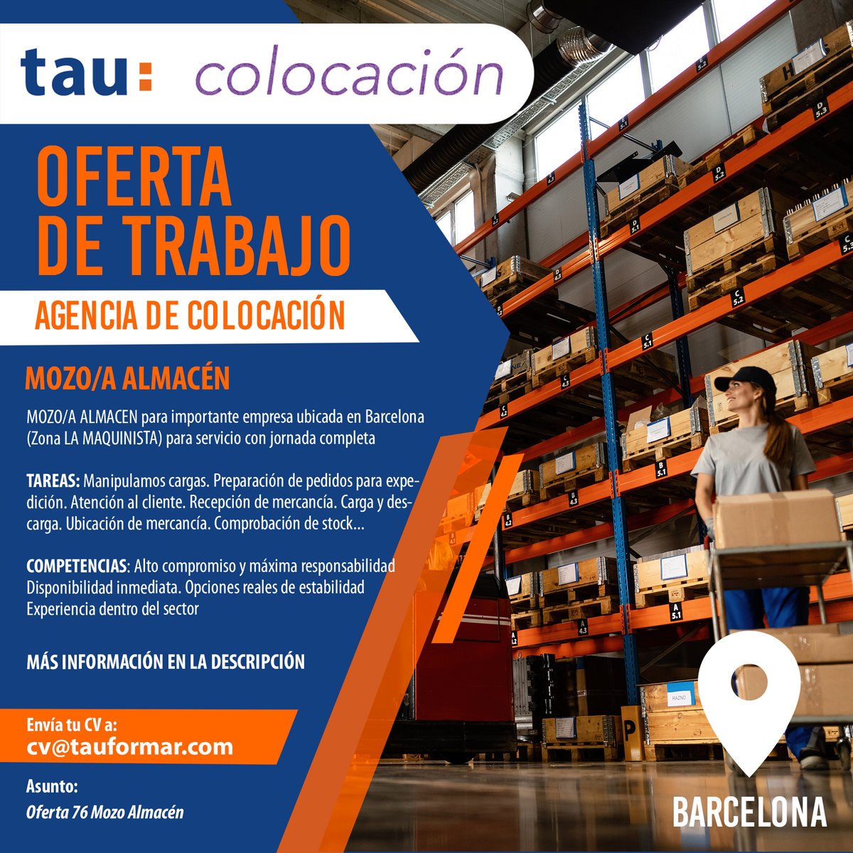 OFERTA DE LA BOLSA DE TRABAJO TAU

Buscamos 
#MozoAlmacén
empresa #Barcelona (La Maquinista)

⭐ Manipulación de cajas, pedidos, carga y descarga, stock...

cv@tauformar.com «Oferta 76 Mozo Almacén» 

tauformar.com/trabajo/mozo-d…

#Ofertadetrabajo #BuscoTrabajo