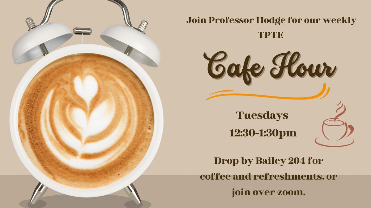 UTKTeacherEd's tweet photo. #UTKTPTE students &amp; faculty! Join us today in BEC 204 or via Zoom 12:30pm-1:30pm for café hour w/ our dept head, Lynn Hodge.  For Zoom link, email tpteinfo@utk.edu using your UTK email address. #utkteachereducation #utkcehhs #utknoxville https://t.co/WhdQTI3MVr