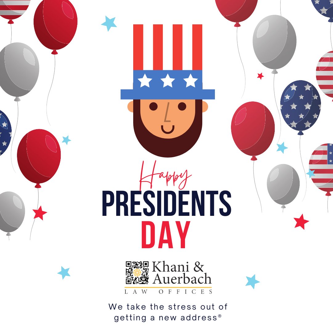 KhaniAuerbach's tweet photo. In observance of President's Day, Khani &amp; Auerbach is closed. We are honoring those leaders of our country who helped to maintain Democracy.  Thank you Presidents of terms past, who made our country so great!  We appreciate you. https://t.co/r7xxSvGqyO