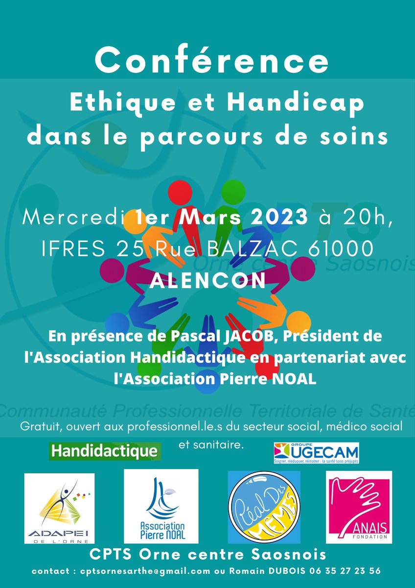 FondationANAIS's tweet photo. La #CPTS de l’Orne organise une conférence « #Ethique et #Handicap dans le parcours de #soin » le 1er mars. Un sujet sociétal majeur sur lequel interviendra l’un des directeurs des établissements de la Fondation ANAIS.
#CTPS #ADAPEI #Réaldesmêmes #UGECAM #Handidactique https://t.co/S5sHi2hYMJ