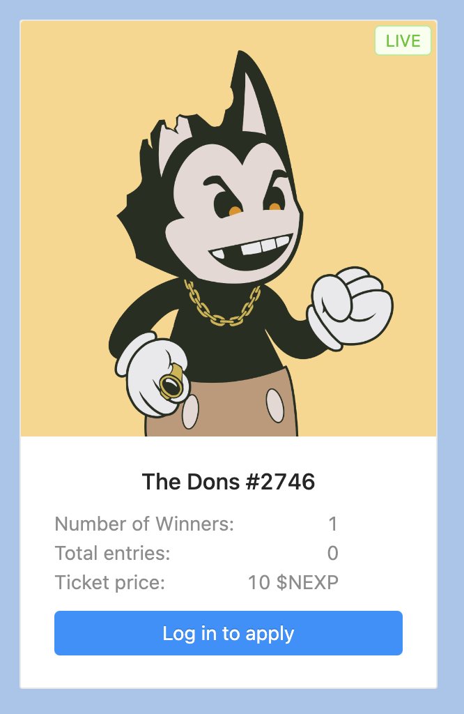 GM NEARton ☀️
New week - new raffle 🎊

Prize: <a href="/TheDonsProject/">The Dons</a> 2746🎁
Duration: 48h ⏰

Buy a ticket/tickets 👇
📍 shop.nearton.org/raffles/

#NEAR #NEARNFTs #NEARProtocol