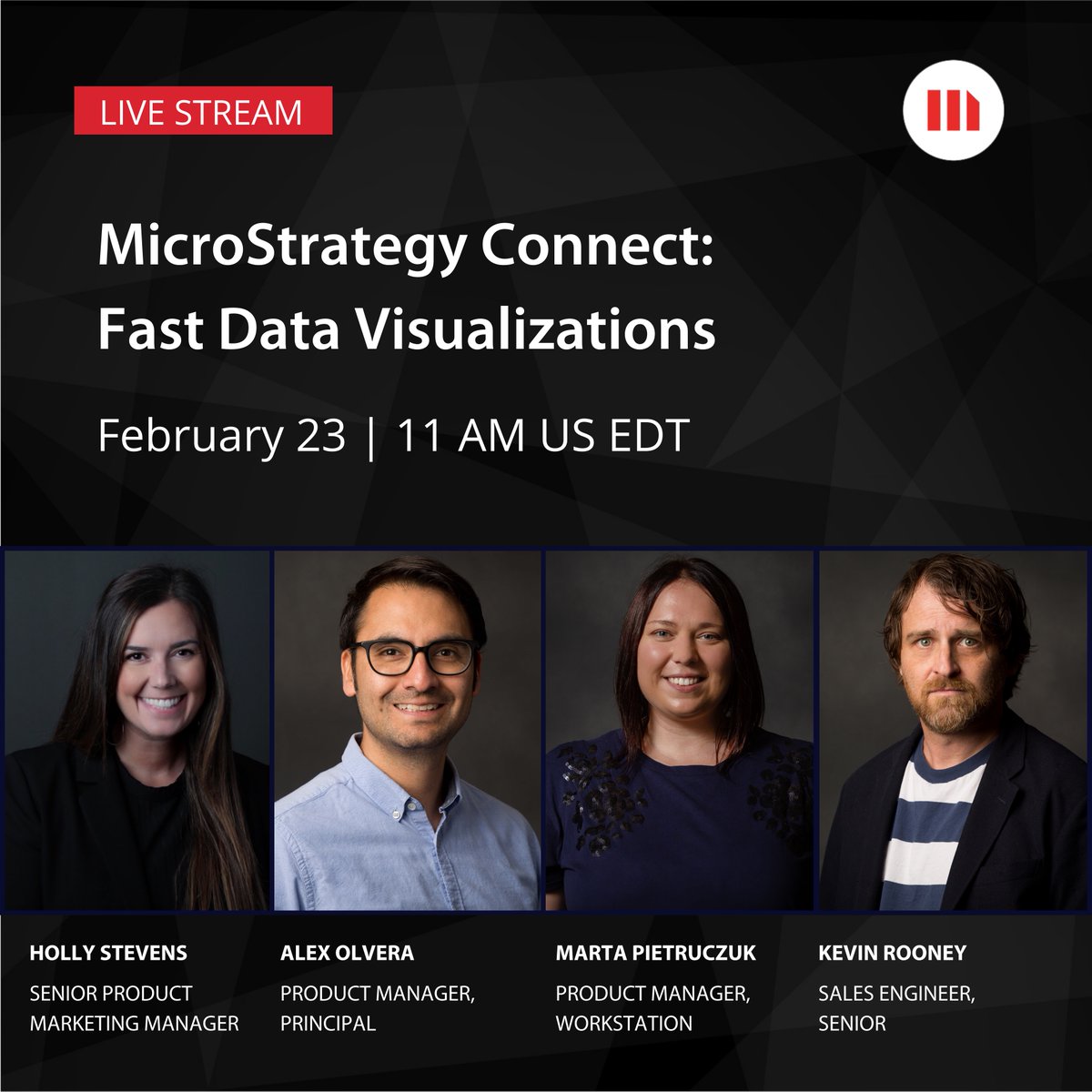 MicroStrategy's tweet photo. #MSTRConnect (THIS Thursday!) February 23, 11:00 AM EDT.
We're talking data visualizations (fast), content distribution, and Hyper (even faster). It's going to be a good one.
Don't forget to register : https://t.co/fSUFj4NHQG https://t.co/CgBAttQQdk