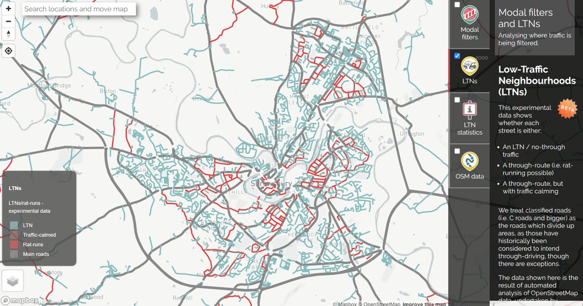 Neighbourhood streets with and without through traffic in Shrewsbury.
@cyclestreets