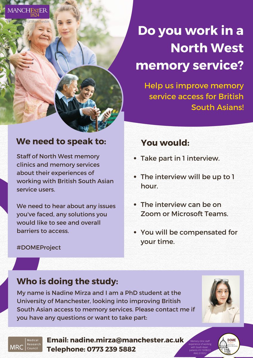 thealmostpsych's tweet photo. Help #DOMEProject girl get her PhD!
If you work at a NorthWest #memoryservice please take part in a 1hr online interview.I'd like to know your experiences working w/ British South Asians!
Seeking staff from: >Bolton>Oldham>Rochdale>Salford>Stockport>Tameside>Trafford>Warrington https://t.co/pp3oIVz4Zh