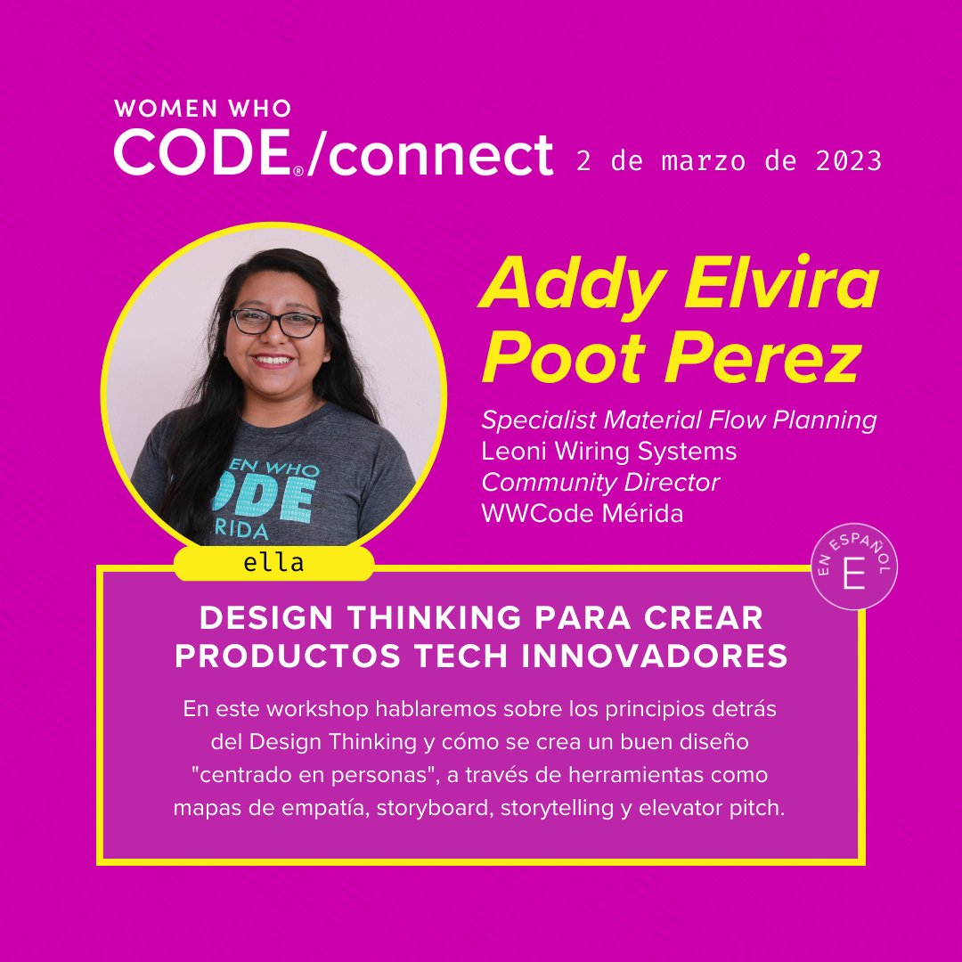WomenWhoCode's tweet photo. Desarrolla nuevas habilidades y cumple tus metas. Asiste a ‘Design Thinking para crear productos tech innovadores,’ presentada en español.

2 de marzo de 2023

https://t.co/AcMTOkrJkg

#WWCodeCONNECTEmpower2023

#wwcode #womenintech #womenwhocode https://t.co/XFSwCseHwE