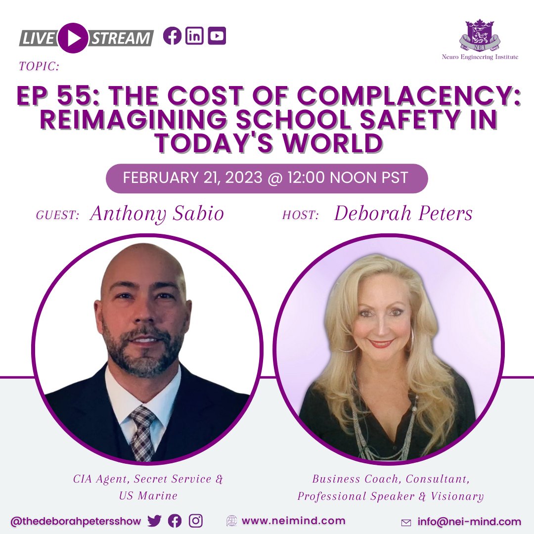 NEI4Change's tweet photo. How SECURE and SAFE is your child's school?

Join me today and my guest, Anthony Sabio, CIA Agent, Secret Service &amp; US Marine as we talk about a variety of school safety topics.

LIVE today at 12 noon PST! ▶️ Get your questions ready! #schoolsafety #securityservices #education https://t.co/XYsM8Phh30