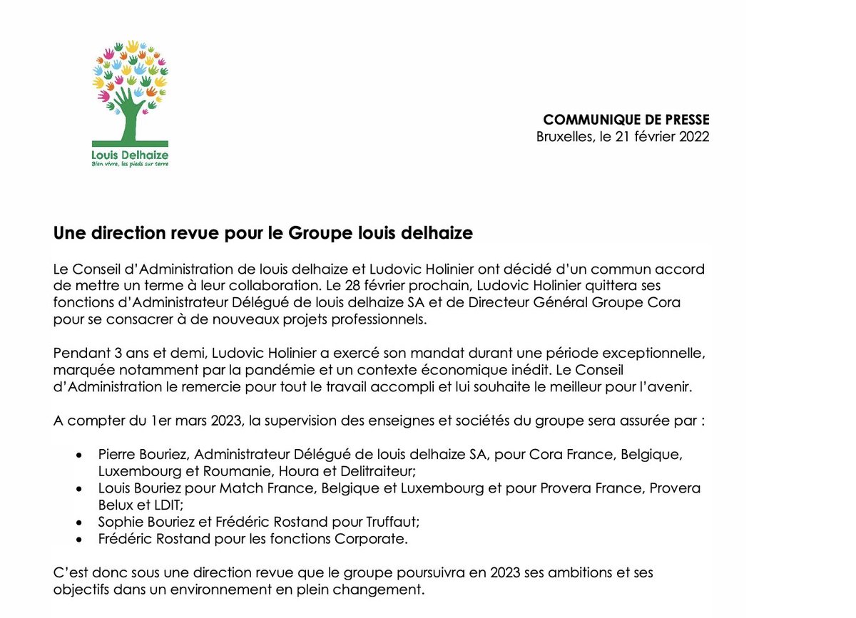 #LEFILCONSO Changement à la tête de Louis Delhaize (Cora, Match, Truffaut, etc.) : départ de <a href="/lholinier/">Ludovic Holinier</a> et direction partagée entre "familiaux" Bouriez et Frédéric Rostand (ex Sodiaal et St Louis entre autres).