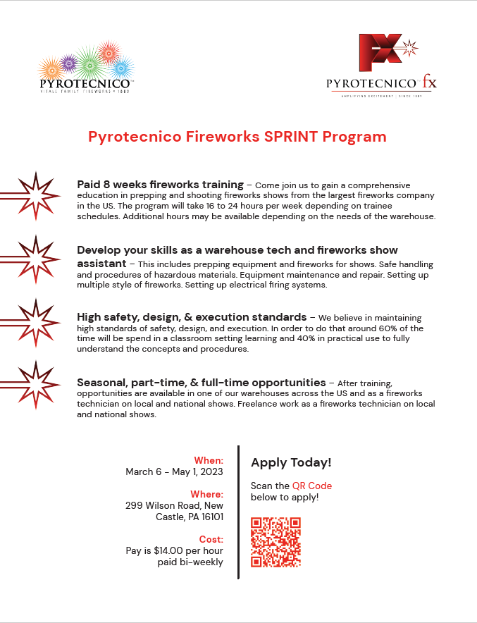 Pyrotecnico in New Castle is recruiting 5 more trainees for an 8-week WorkAdvance Cohort for new employees, running March 6-May 1st. Participants will attend paid classes 2 days/week (16 hours/week). The company is growing, with good jobs locally &amp; nationwide!