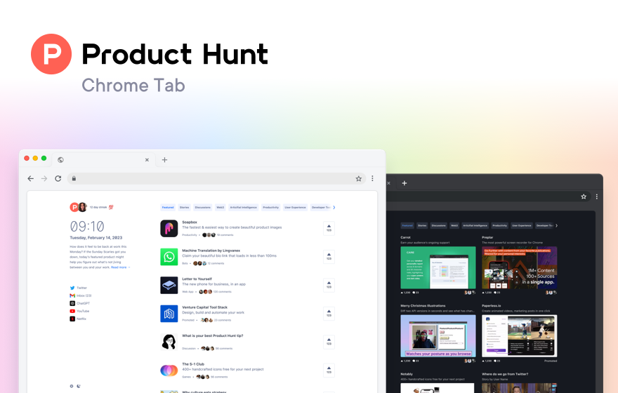 New tabs = new products.

The Product Hunt Chrome extension has been redesigned with utility and customization in mind. Plus, it looks siiiiick.

Get it here 👇