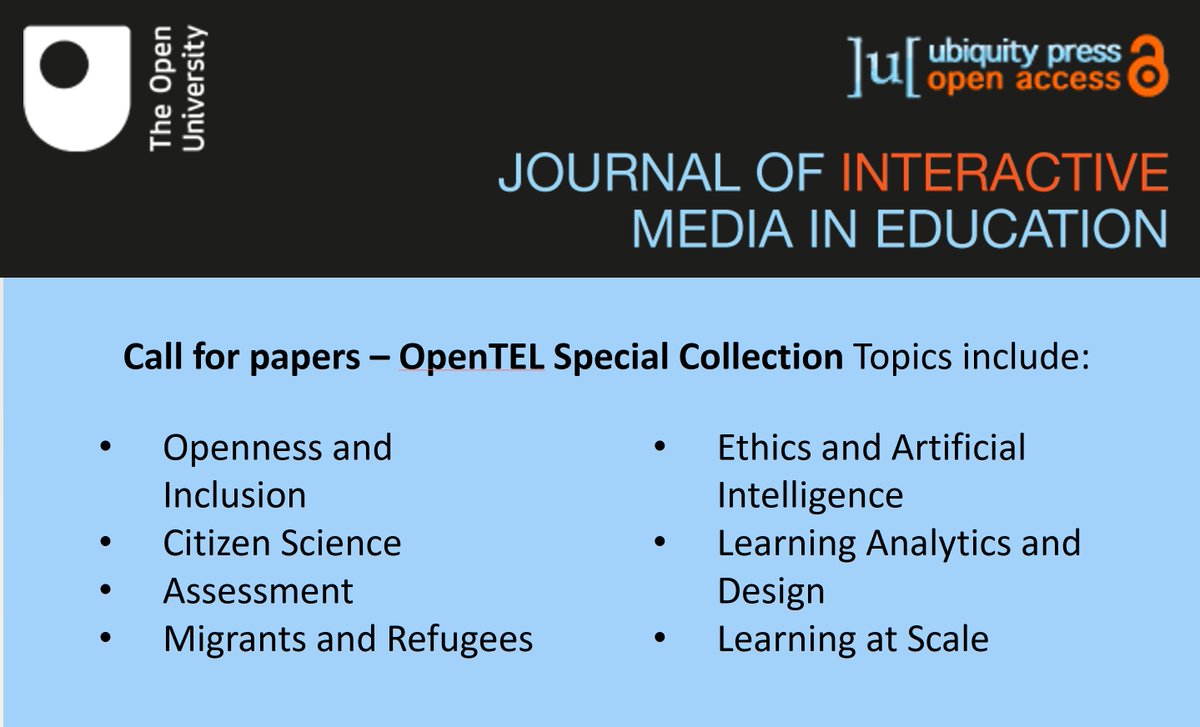 Call for papers - special collection of <a href="/JIME_journal/">JIME editorial team</a> on topics related to <a href="/OpenTEL_OU/">OpenTEL</a> 
Deadline for submissions: 24th April. Full call information can be found here: account.jime.open.ac.uk/index.php/up/l… - we look forward to reading your submissions!