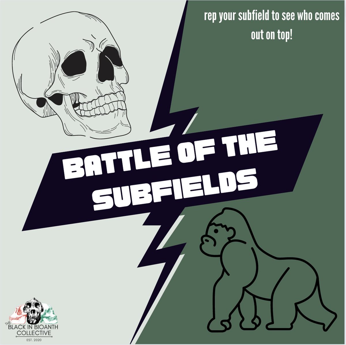 BlackinBioAnth's tweet photo. It's Day 2 of #BiBAWeek2023 and it's time for our annual #Battleofthesubfields !! 💪 As you know biological anthropology has several subfields so rep yours to see who ends up on top! Will it be #primatology, #paleoanthropology, #genetics, #forensics, or someone else this year!? https://t.co/H0DsEoybaM