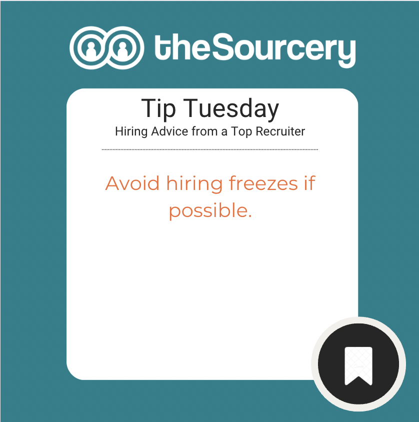 thesourcery's tweet photo. TIP TUESDAY: Avoid hiring freezes if possible. 

Hiring freezes may cut costs in the short term, but they also come with some serious disadvantages, such as forcing people to take on more responsibilities and harming overall profitability.

#tiptuesday #hiringtips #recruitingtips https://t.co/XmRXaSWzpx