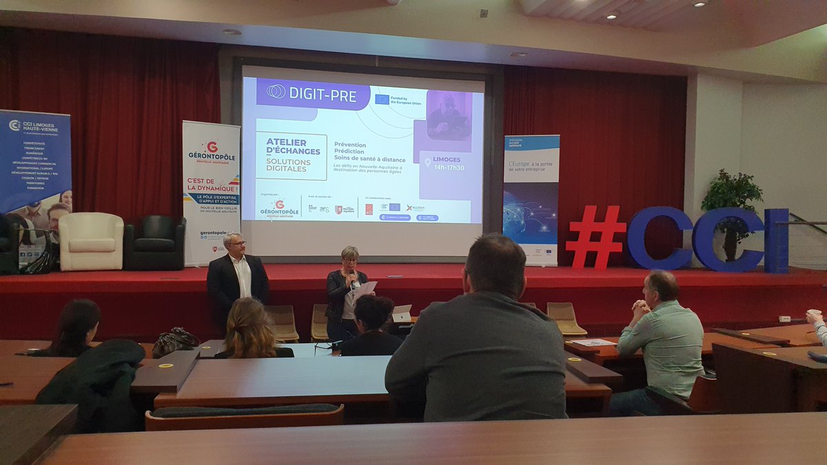 Retrouvez l'intervention de Gaëlle cet après-midi à la <a href="/CCILimoges/">CCI Limoges Haute-Vienne</a>  aux ateliers d'échanges des défis de la prévention, la prédiction et des soins de santé à distance en Nouvelle-Aquitaine pilotés par le @GerontopoleNA  dans le cadre du projet européen DIGIT-PRE