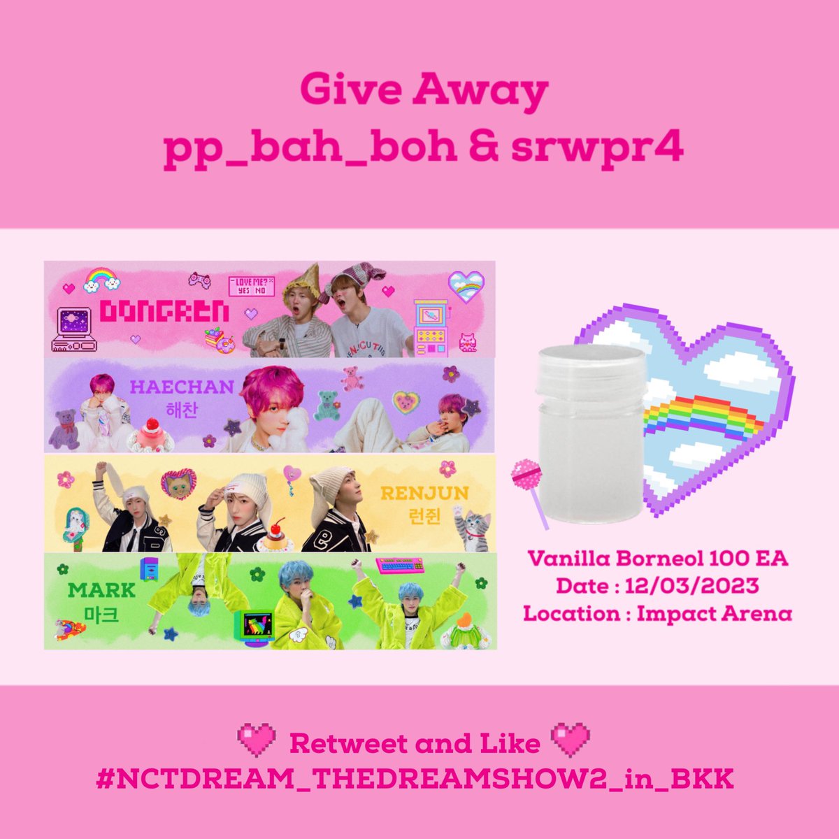 pp_bah_boh's tweet photo. Give Away | NCT DREAM ✨🎀

พิมเสนชื่นใจขนาดปุ๊กปิ๊ก มี 💗🐻🦊🐯 แบบให้สะสม สไตล์ตัวแม่ Y2K เมนแฮชานมีการ์ดแจกด้วยนะ แวะมารับกันได้เลย!

🌻 Date : 12/03/2023
📍 Location : Impact Arena
🧃 Time : TBA

#NCTDREAM_THEDREAMSHOW2_in_BKK #Haechan #Renjun #Mark #DongRen https://t.co/9h7n8pn1UY