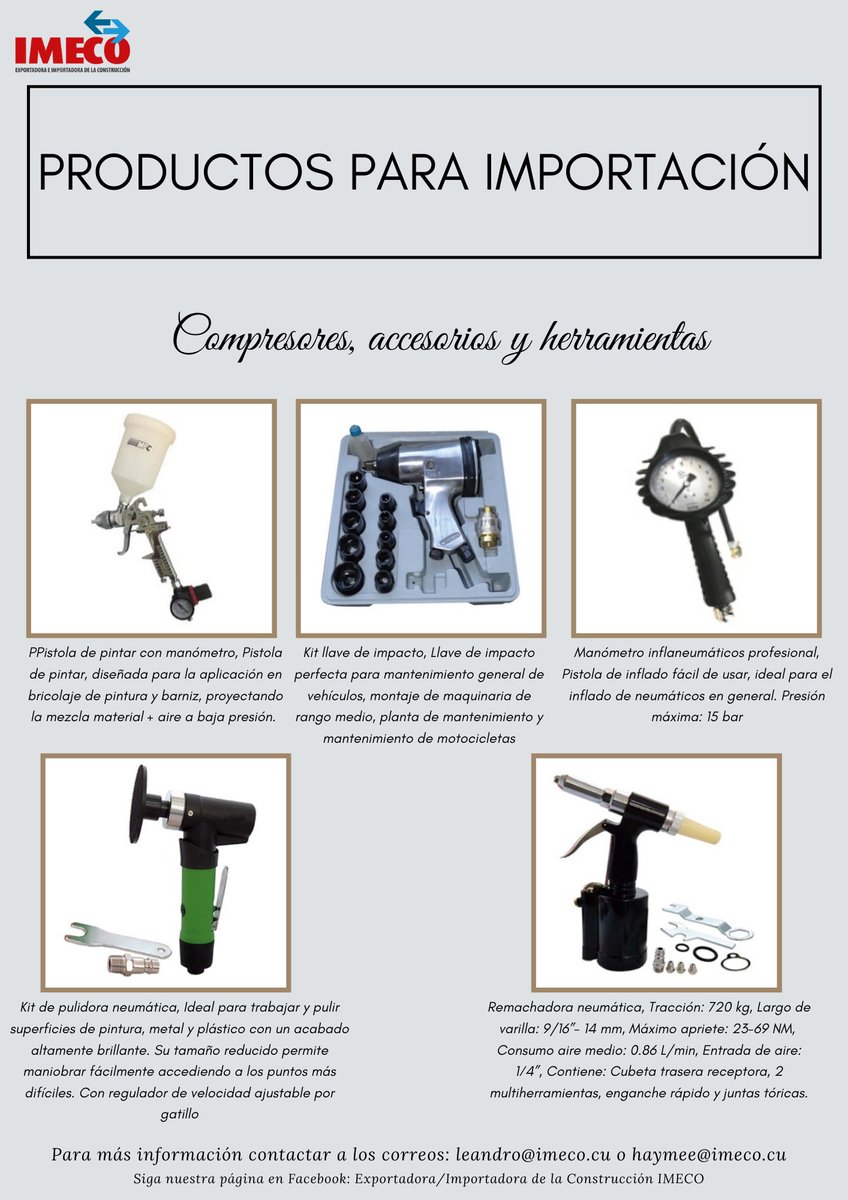 ImecoCuba's tweet photo. ¿Sabe usted que puede importar ciertas herramientas u otros materiales sin tener que pagar fletamentos y más? 🤔.... Aquí le compartimos algunos de los productos que puede adquirir a través de nuestra Empresa.
.
.
.
#IMECO #JuntosVamosMasLejos https://t.co/1UsJcYcOsV