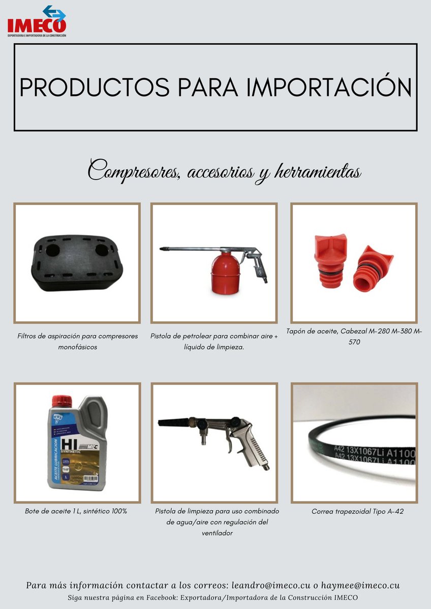 ImecoCuba's tweet photo. ¿Sabe usted que puede importar ciertas herramientas u otros materiales sin tener que pagar fletamentos y más? 🤔.... Aquí le compartimos algunos de los productos que puede adquirir a través de nuestra Empresa.
.
.
.
#IMECO #JuntosVamosMasLejos https://t.co/1UsJcYcOsV
