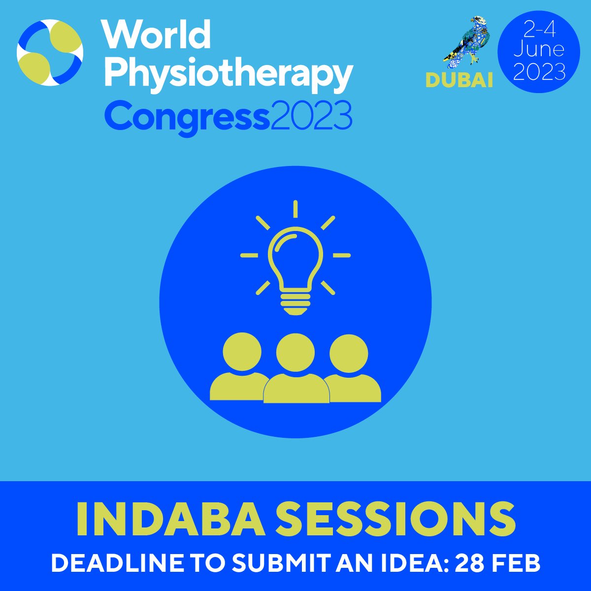 Queda una semana para enviar tu propuesta para una sesión de Indaba.

Esta es su oportunidad de presentar en Indaba, la zona de encuentro e inspiración dentro de la sala de exposiciones en #WorldPhysio2023 .

Más información aquí: ow.ly/3PPs50MX9ue

#GlobalPT