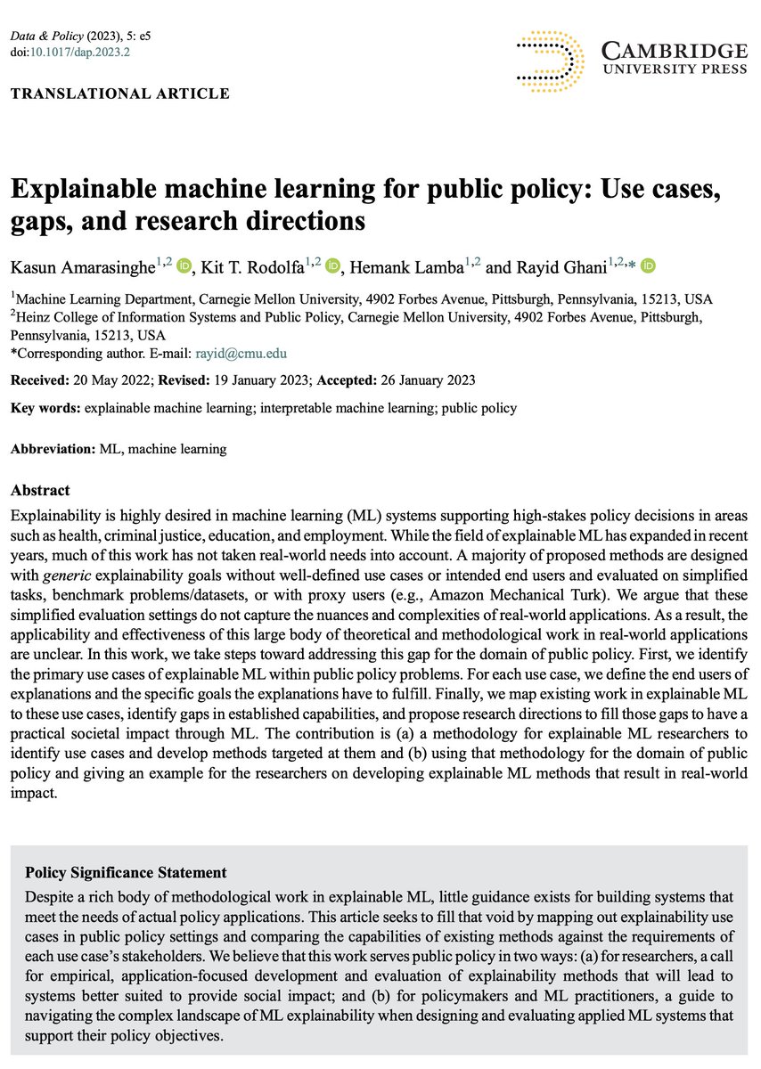 Explainable machine learning for public policy: use cases, gaps, &amp; research directions

@AmareKas, Kit T. Rodolfa, @HemankLamba &amp; @RayidGhani

→ doi.org/10.1017/dap.20…

#ExplainableMachineLearning #MachineLearning #PublicPolicy #ML #ExplainableML #InterpretableML <a href="/HeinzCollege/">Heinz College at CMU</a>