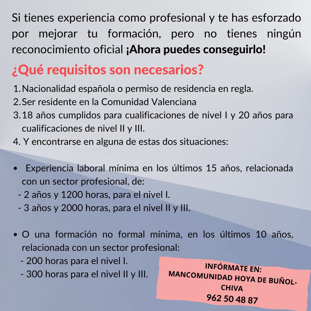 🔊 Te asesoramos de manera personalizada para que te sea más fácil obtener la certificación oficial del Programa de Acreditación de la Competencia Profesional de la Conselleria de Educación👩‍🔧🧑‍🍳🧰

#EmpleoLaHoya
#LaHoyaSumaOportunidades