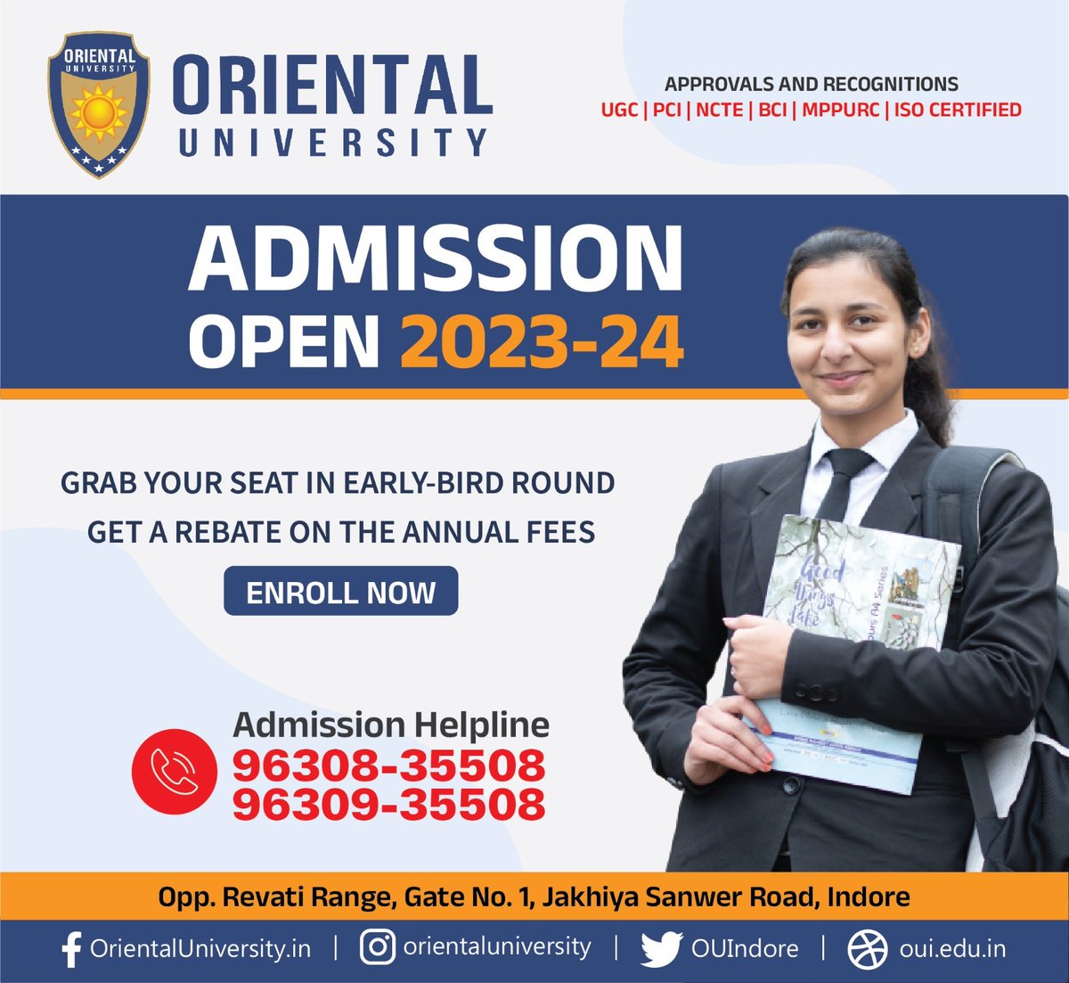 OUIndore's tweet photo. Admission Open 2023-24 
Grab your seat in early-bird round get a rebate on the annual fees.
.
.
.
#OrientalUniversityIndore
#ouindore #bestprivateuniversity 
#Management 
#Law
#design 
#technology #students #building 
#CivilEngineering 
#AdmissionsOpen https://t.co/h1HiHnm5Yt