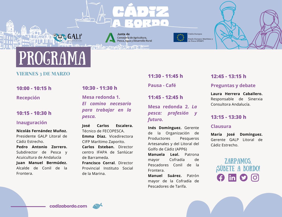 ▶️ Ya tenemos el programa completo de la jornada de puertas abiertas que tendrá lugar en #Conil el próximo 3 de marzo 👇🏻 ¿Todavía no te has inscrito? Recuerda que hay plazas limitadas 📣 cutt.ly/X30uNwJ

#cadizabordo #formacion #pesca