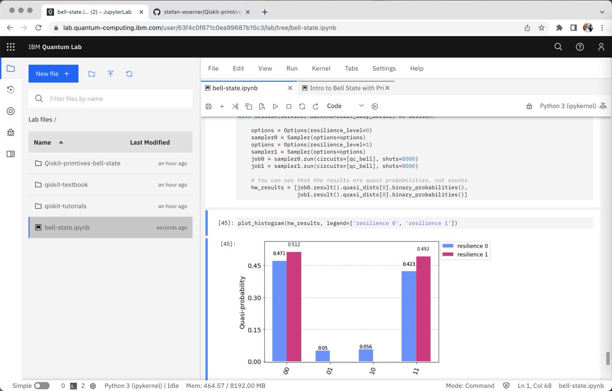 Today I wrote my first #quantumcomputing program (sorry: circuit), using the #qiskit SDK, then ran it on a real IBM quantum computer. TBH, it's not even a "Hello, world!", but feels so much bigger! Somehow I doubt I'll be able to port #DOOM to it this year still, though...