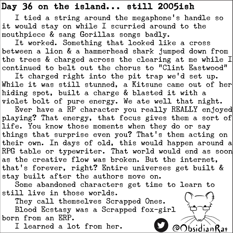 ObsidianRat's tweet photo. #Characterblog #TalkingRat  #ObsidianRat #DailyAdventure #Adventure #Surreal #OneLessHashtag

What am I going to do with all this exposition? I can't just drag it around everywhere! I'll just have to dump it here. https://t.co/BsHA2fXjkm