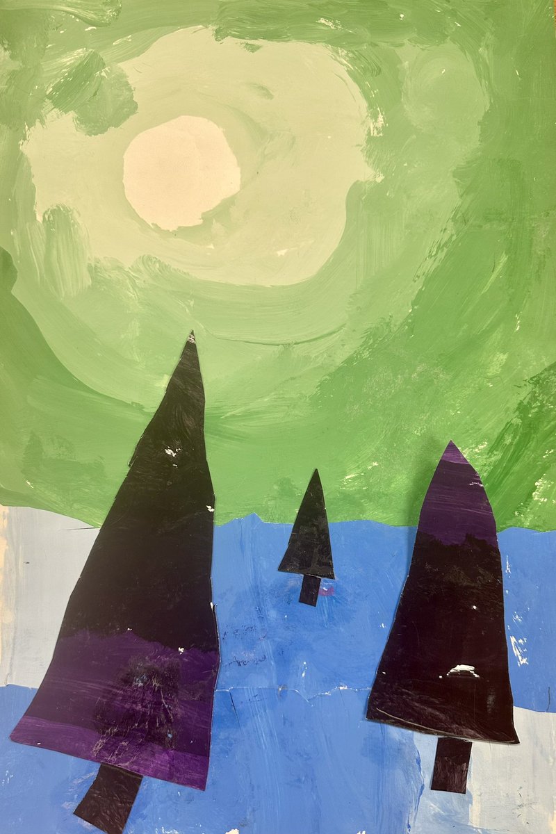 MrsRolf_ART's tweet photo. In art class, kindergarteners in Mrs. Hope’s class are learning about the art element of value. After using paint to mix their own tint and shade papers students created these cool colored collage value landscapes. Great job! #kenstoninspired #tesart #kindergartenart https://t.co/dqZLYUWLSE