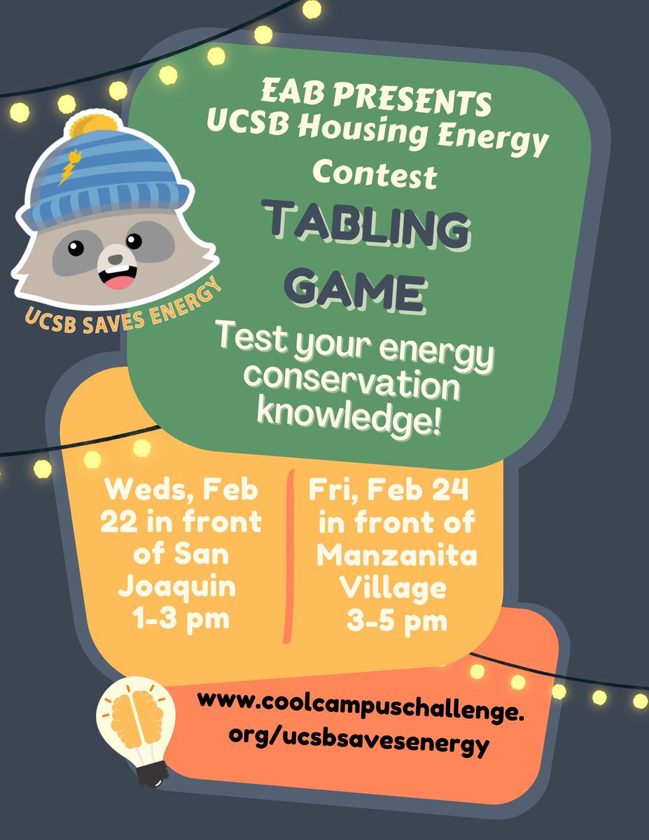UCSBSustainable's tweet photo. UCSB Housing Energy Contest TABLING GAMES! Come test your energy conservation knowledge.
EAB will be tabling TOMORROW, Wednesday, February 22 in front of San Joaquin Village from 1-3 pm. 
They will also be tabling on FRIDAY, February 24, in front of Manzanita Village from 3-5 pm. https://t.co/SPcKImLMSC