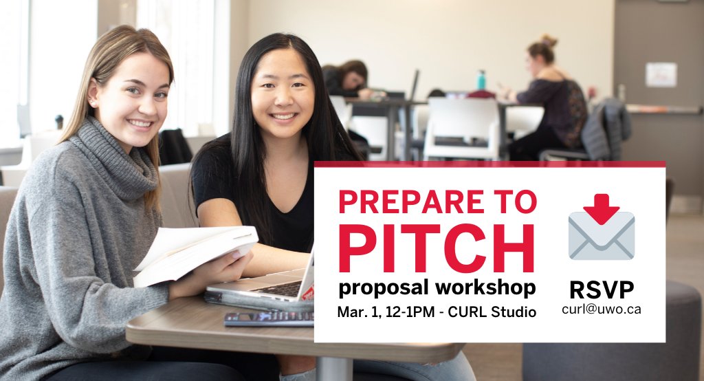 HuronResearch's tweet photo. Need some help writing a CURL Fellowship application—or just want to learn an essential academic skill?

Join @HuronLibrary's Patrick Gavin and Rachel Melis for their Prepare to Pitch workshop NEXT WEDNESDAY, March 1, at 12PM in the CURL Studio!

(PS: RSVP to curl@uwo for 🍕🍕🍕) https://t.co/NZbrlnRphb
