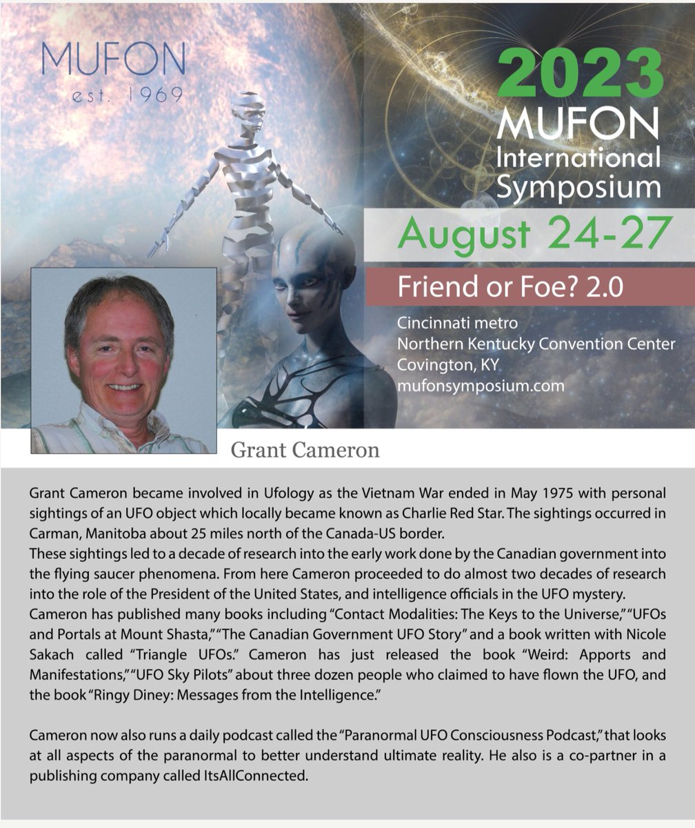 mufon's tweet image. Introducing our 2023 MUFON International Symposium speakers one by one. Welcome Mr. Grant Cameron! #ufology #uap #flyingobjects #2023mufonsymposium #ohio #kentucky #cincinnati #conference #livestream #uforesearcher #author #speaker #mufon #mufoncanada