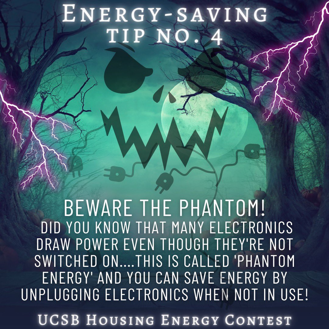 UCSBSustainable's tweet photo. Even if an electronic is off, it is likely still drawing ‘stand by’ power, meaning it consumes energy even when not in use! ⚡️Fight the phantom and unplug electronics that are not in use and save energy! Join the UCSB Housing Energy Contest today at the link in our bio! https://t.co/31TbHhJR2t
