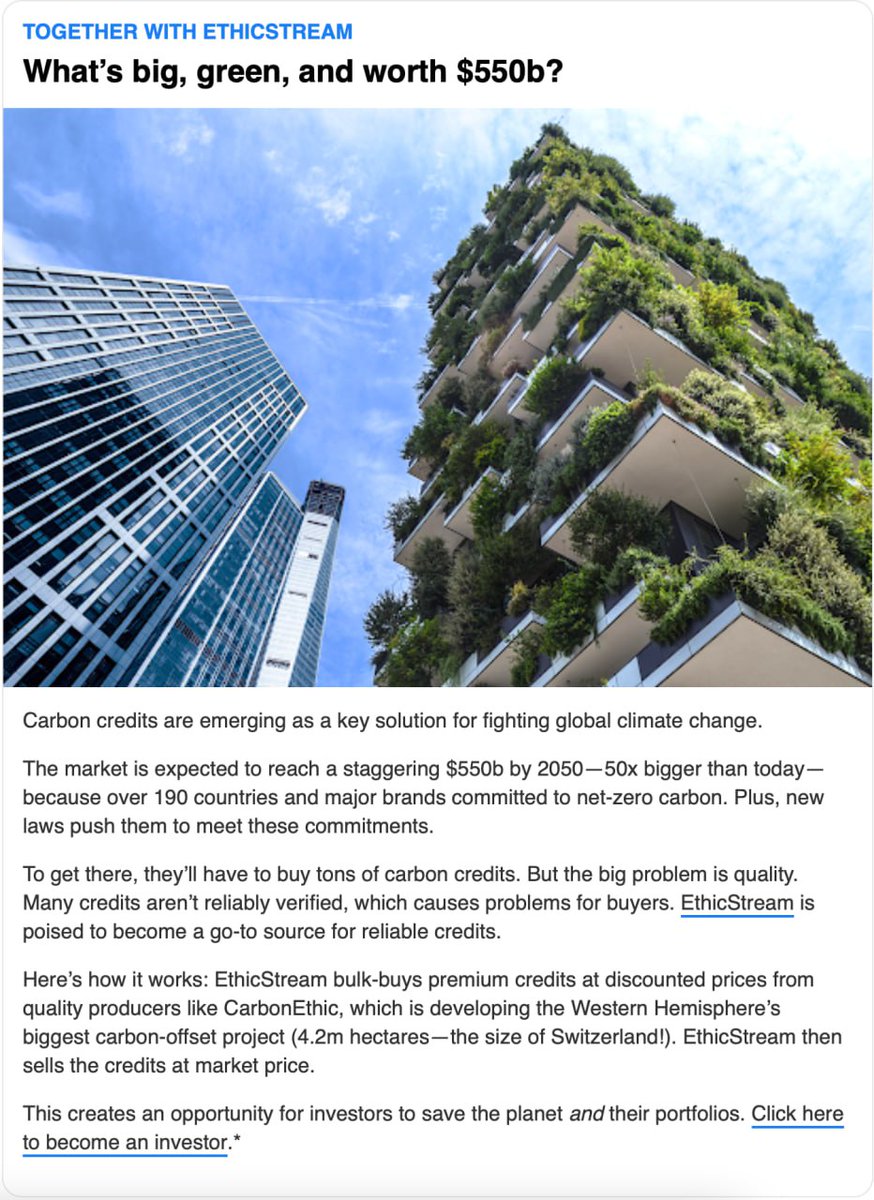 Woke up to a nice <a href="/MorningBrew/">Morning Brew ☕️</a> email newsletter feature today. If you're a #retailinvestor and want exposure to the #carbonoffset market - we've opened it up to you through our Reg A capital raise. Follow the link to our investor website: ethicstream.co