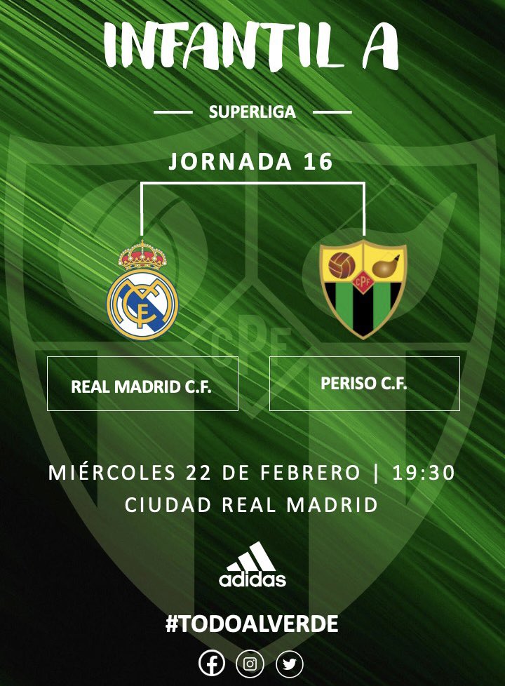 PERISO C.F. (@perisocf) on Twitter photo INFANTIL A | Mañana, el infantil de <a href="/carlosdlf7/">Carlos Roa</a> jugará el partido aplazado correspondiente a la J16 contra el <a href="/realmadrid/">Real Madrid C.F.</a>
¡A por todas Periso! 👏🏻💪🏻
#TODOALVERDE💚🖤 INFANTIL A | Mañana, el infantil de <a href="/carlosdlf7/">Carlos Roa</a> jugará el partido aplazado correspondiente a la J16 contra el <a href="/realmadrid/">Real Madrid C.F.</a>
¡A por todas Periso! 👏🏻💪🏻
#TODOALVERDE💚🖤