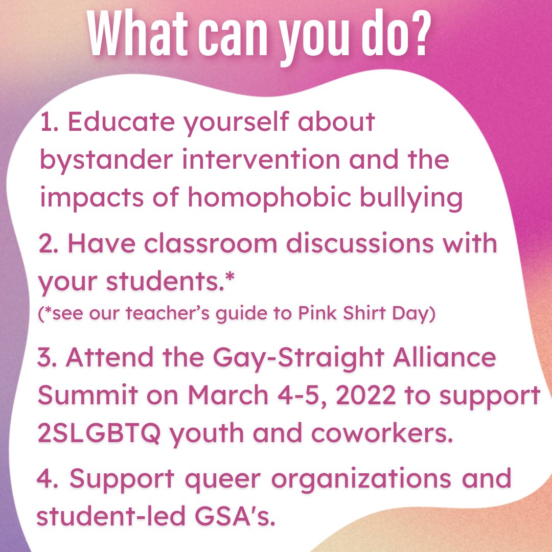 #PinkShirtDay is tomorrow!

It's always important to be kind to one another, but on Pink Shirt Day we need to address homophobic bullying. The origins of Pink Shirt Day in homophobia/transphobia are often ignored.

Together, we can make a safer world for 2SLGBTQ youth 💖