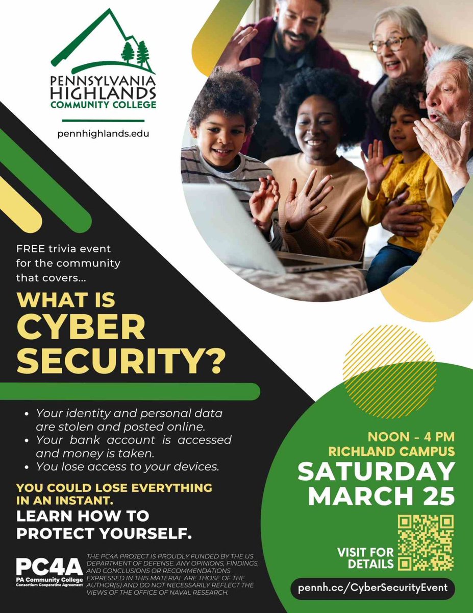 PC4ASTEM's tweet image. @PennHighlands is hosting a public cybersecurity event on Saturday, March 25, 2023 at their Richland campus in Johnstown, PA.  We hope to see you there!  A big thanks to @DoDstem for providing funds for this event and others like it through the PC4A project! #DoDSTEM #SafeOnline