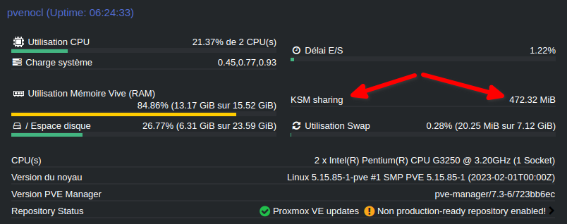 BlablaLinux's tweet photo. #proxmox #ProxmoxGang
La fonctionnalité #KSM (#Kernel Samepage Merging) fonctionne bien. Elle s'exécute dans le #noyau #Linux et analyse la mémoire de toutes les machines #virtuelles fonctionnant sur un seul hôte, à la recherche de duplication. https://t.co/BkeN3L8ISh