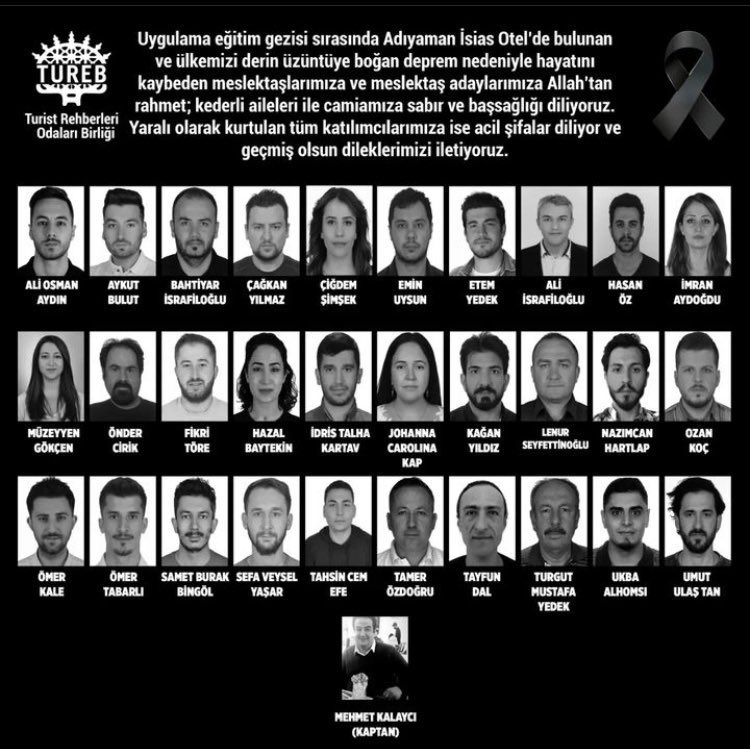 baskaseyahat's tweet photo. 6 Şubat 2023’te meydana gelen deprem sonrasında Adıyaman’da bulunan İsias Otel’in yıkılması sonucunda hayatını kaybeden turizm rehberlerini anıyoruz. https://t.co/GxigoLaPN0