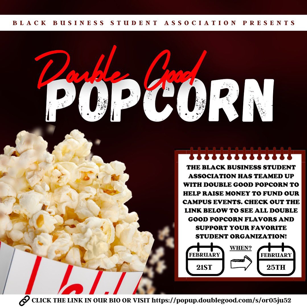 The Black Business Student Association of Texas Tech University has teamed up with Double Good Popcorn to help raise money to fund our campus events. Check out the link in our bio to see all of Double Goods amazing flavors and support your favorite student organization. 🍿