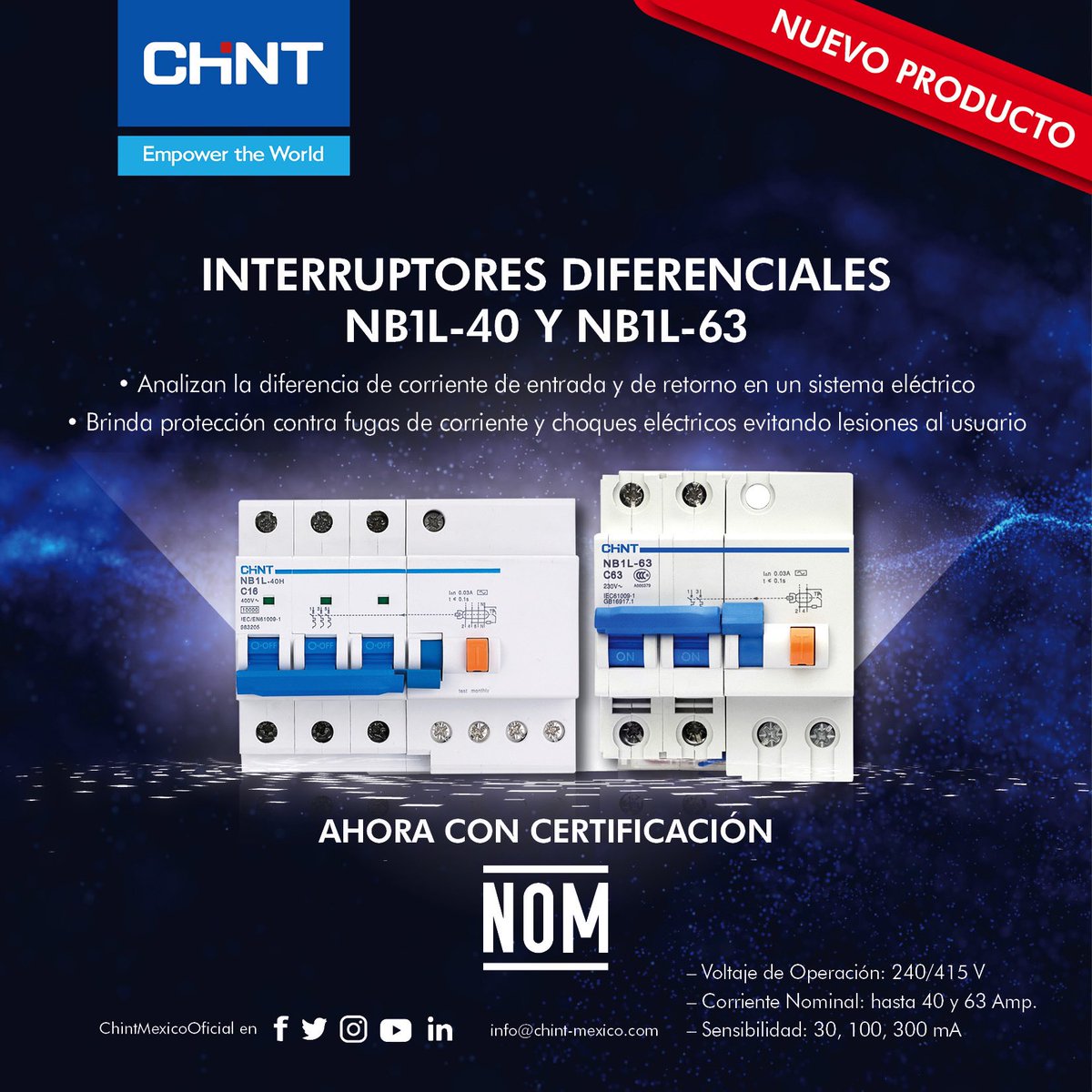 Conoce los nuevos productos de baja tensión del portafolio de #ChintElectric 
#InterruptoresDiferenciales NB1L-40 y NB1L-63 
Además de la certificación NOM.
#ConoceElPoderDeChint #ChintMexico #BajaTension