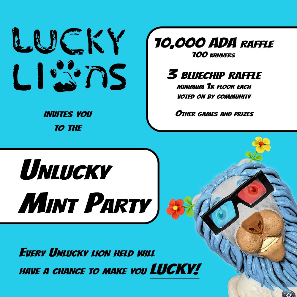 Motors__'s tweet photo. 10,000 ada raffle 100 winners!
3 bluechip cnfts winners!
But the ONLY way to get a ticket is to Mint/burn a Lucky lion But you have to hold the Unlucky lion you get for a chance to win!
@LuckyLionsCNFT #ADA #CNFT #NFT #Community #Caedano #CNFTCommunity #CNFTGiveaway #lionrock https://t.co/dZNge4AWvb