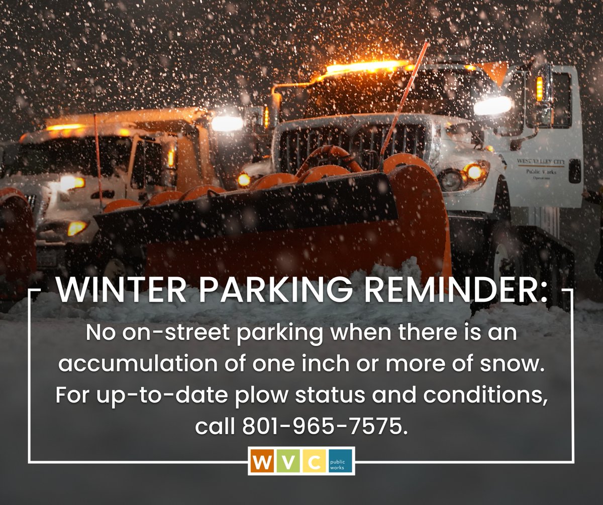 A winter storm is on the way, and it's expected to be a big one. Help our plow operators by parking vehicles off the street when there is an accumulation of one inch or more of snow. 
For up-to-date plow status and conditions, call 801-965-7575.